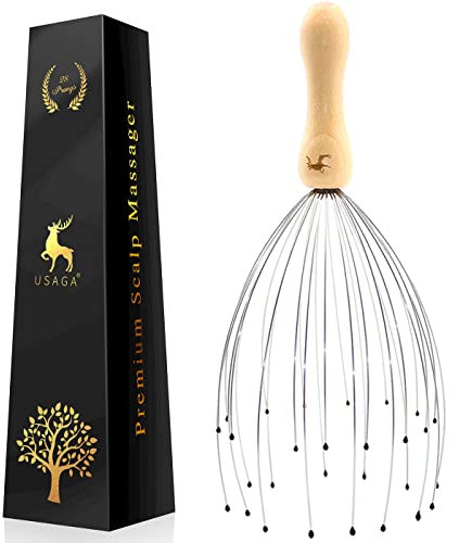 USAGA 28 Fingern Premium Kopfmassagegerät - Kopfmassage Spinne - Kopfhautmassagegerät mit 28 Fingern - Kopfkratzer für Entspannung von Kopf und Körpers Holzgriff (1 Packung)
