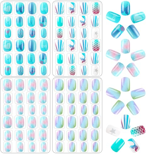 96 Stück Mädchen Aufdrücken Nägel Vollabdeckung Kurze Kindernägel Künstliche Nagelspitzen für Kinder Falsche Fingernägel Kinder Nagelkunst Dekoration (Blue Theme)