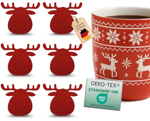 kontor28® - Untersetzer Weihnachten aus 100% Reinem Wollfilz | Filzuntersetzer Weihnachten Made IN Germany - 6er-Set - Motiv Elch | Weihnachtsuntersetzer schmutz- und wasserabweisend, Farbe Rot
