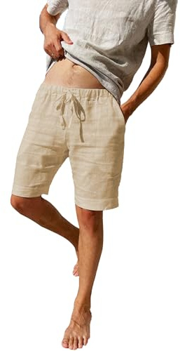 LVCBL Leinen Shorts Herren Kurze Hose mit 2 Tasche Bermuda Hose Sommer Khaki M
