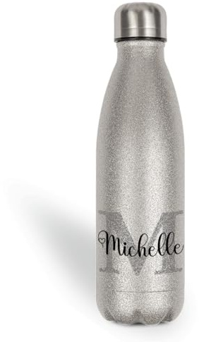 Personalisierte Glitzer Thermoflasche 500ml – Trinkflasche mit Namen aus Edelstahl – Thermosflasche Kinder & Erwachsene – Geschenk zur Einschulung, Schule, Büro, Sport – Glitzergeschenk, Silber