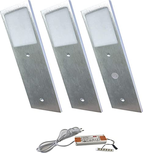 ACCE Super flach Aluminiumkörper LED Unterbauleuchte Küchen Möbel Leuchte inkl Konverter ein Strahler mit Dimmbaren Schalter,silber, warmweiß, 3er