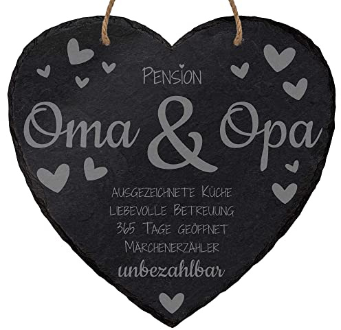 mtb more energy Schiefertafel Herz Schieferherz zum Aufhängen ''Pension Oma & Opa'' - 20x20 cm - hochwertige Laser Gravur auf Natur-Schiefer - inklusive Kordel - tolles Geschenk für Großeltern