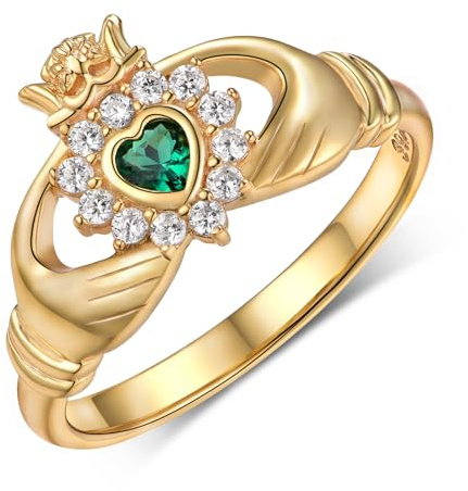 Claddagh Rings for Women 925 Sterling Silver Emerald Ring Claddagh Promise Ring Classic Irish Engagement Friendship Wedding Band(9)
