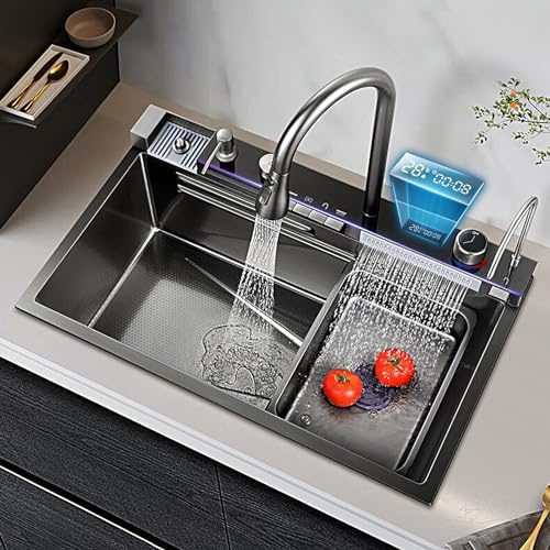 Küchenspüle digitales Wasserfall-Spülbecken mit Tassenwaschanlage, Seifenspender, Flying Rain Wasserfall-Auslauf, Tischsteuerung und weiteren Funktionen Arbeitsplatz-Küchenspülen (Color : 68x45cm/26.