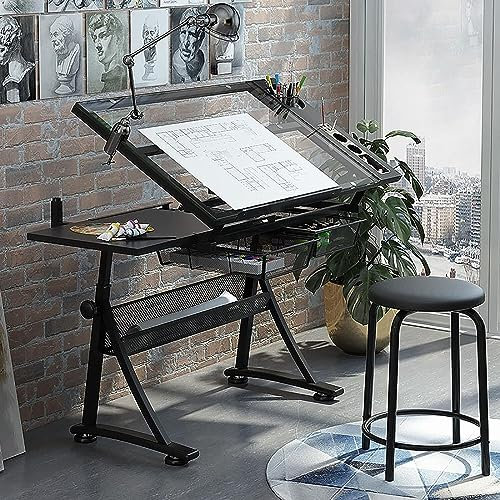 MaGiLL Glas-Zeichentisch, Kunstschreibtisch, höhenverstellbarer Zeichentisch, Kunst-/Basteltisch, Gemälde-Arbeitsplatz mit 2 Schubladen und Hocker