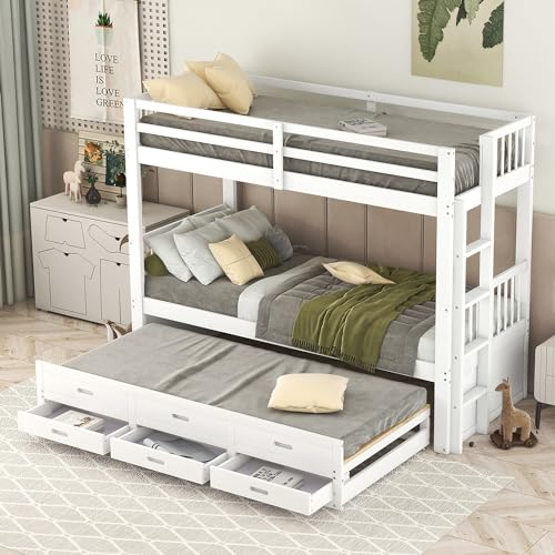 Hochbett 90x200 mit Ausziehbett und 3 Schubladen, Etagenbett Stockbett mit Ausziehfunktion und Leiter, Lattenrost, Rausfallschutz, umbaubar in DREI Einzelbetten, Vollholz massiv in Weiß,ohne Matratze