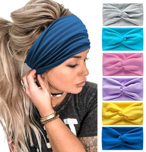 6Stück Bandana Stirnbänder für Frauen breite wellige Kopftuch Boho Kopftücher Wraps Turban Stoff elastische Stirnband Yoga Haarbänder Sport Laufen Kopftücher