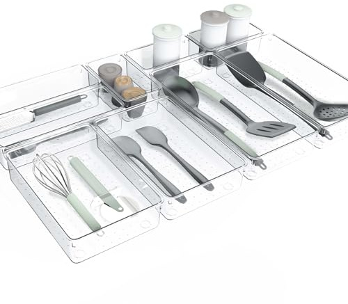 Kriovoa 9 Pack Kitchen Drawer Organiser, Large Clear Drawer Storage Tray with Non-Slip Pads, Acrylic Plastic Desk Organiser Drawer Dividers for Kitchen Utensils, Makeup,Bathroom, Tools and Office.