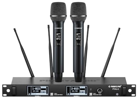 Phenyx Pro Dual True Diversity Auto Scan Wireless Microphone System PTAU-2 | Dynamic Handheld Mics, ID Lock, Tunable Power Level, Spectrum Analyzer, Mics for Stage, Studio Recording, Church, Wedding, DJ