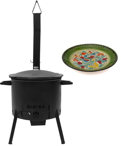 FlameFusion Utschak Universell XL inkl. Adapter & Aschebehälter Feuerofen | Uchag mit 22 Liter Kazan inkl. Lagan Rishtan 42 cm Blumenmuster mit Vogel