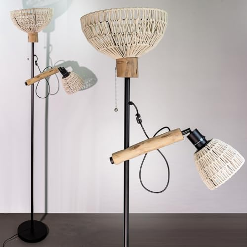 Osasy Stehlampe mit 2 Schirmen, Boho-Industrial Design, 163 cm | Metall-Holz-Kombination, Praktischer Schalter, Ohne Glühbirnen, Für Wohnzimmer