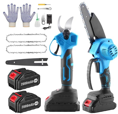 Cesoie a Batteria Per Potatura，Seghetto a Batteria，Kit Motosega e Forbici a Batteria，2 Batterie 48v 2000mah,Viene Fornito Con Catena e Forbici.
