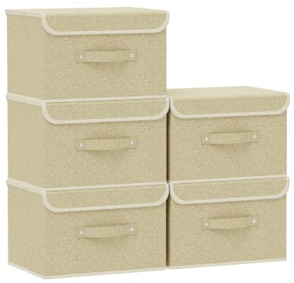 ENUMAIL 5 Piezas Caja de Almacenamiento Plegable con Tapa, Contenedor Organizadoras de Tejidos con Mango, Adecuada Para Habitaciones, Dormitorio, Oficina, 26×20×17cm, Gris y Beige