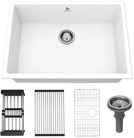 GABETLET Quartz Kitchen Sink, 23 Inch White Undermount Kitchen Sinks, Deep Single Bowl Granite Composite Sink, Modern Sinks Providing Complete Accessories, Spacious Workspace and Easy Cleaning