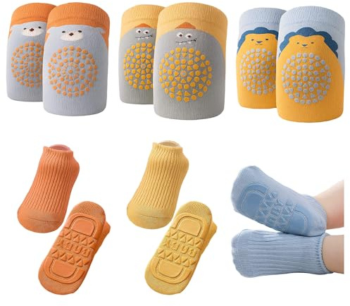 FZSECRIU 3 Paar Knieschoner Baby und 3 Paar Krabbelsocken Geeignet für 0-1 Jahre, Krabbelsocken Baby, Rutschfeste Knieschoner und Socken für Babys mit Gummipunkten, Krabbel Knieschoner, Krabbelhilfe