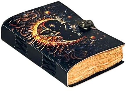 Solar & Lunar Harmony Journal – Handgefertigtes Leder-Tagebuch | Vintage-Notizbuch mit antikem Büttenrand | Ledergebundenes Reisetagebuch zum Schreiben, Skizzieren & Journaling – 17,8 x 12,7 cm