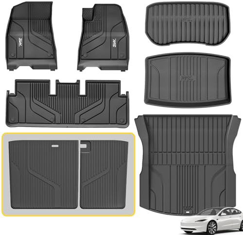 3W Floor Mats & Boot Liners & Seats Back Cover Fit for Tesla Model 3 2024 2025 2026 Highland, TPE All Weather Full Set Car liners and Cargo Mats, Dog Friendly Tesla Model 3 Accessories (8PCS)