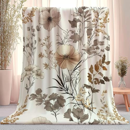 Decke Vintage Blumen Pflanze Beige Grau 180 X 200 cm, Sherpa Fleece Decke Für Alle Jahreszeiten, Warme Comfort Bedruckte Kuscheldecke Für Couch Bett Sofa Deko Weiche Flauschig
