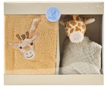 Sterntaler Geschenk Set Giraffe Kaya – weiches, saugfähiges Kinderhandtuch mit Applikation & kleines Schmusetuch aus weichem Musselin mit Rassel – ab Geburt - Geschenk zur Babyparty,