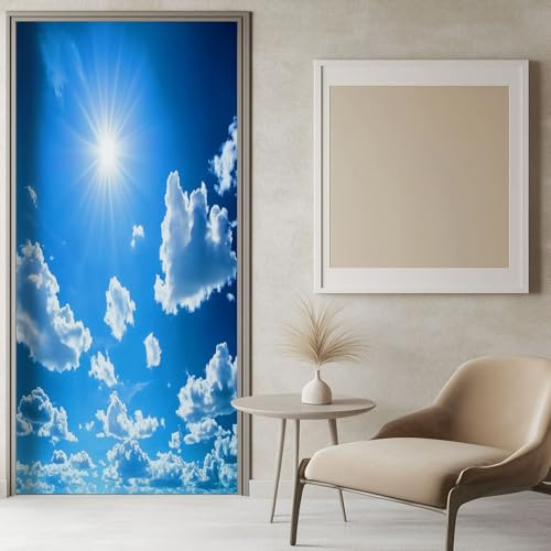 Türtapete Selbstklebend Blauer Himmel, Weiße Wolken Und Sonnenschein 100x200 cm Blau, Türaufkleber Fototapete Türfolie Wasserdichte Abnehmbare Türposter Innentür Schlafzimmer Mädchen und Junge