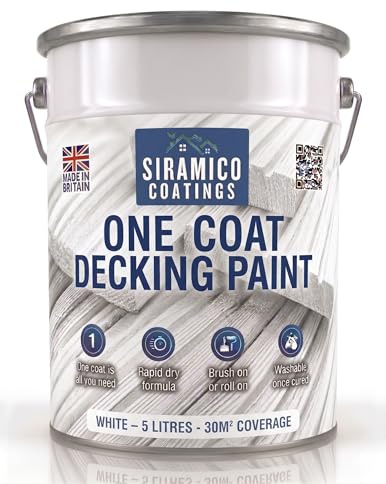 SIRAMICO COATINGS One Coat Anti-Slip Decking Paint | 5 Litres | 7 Luxury Colours I Mould & UV Resistant Formula | White - Grey - Sage Green - Black - Brick Red (White)