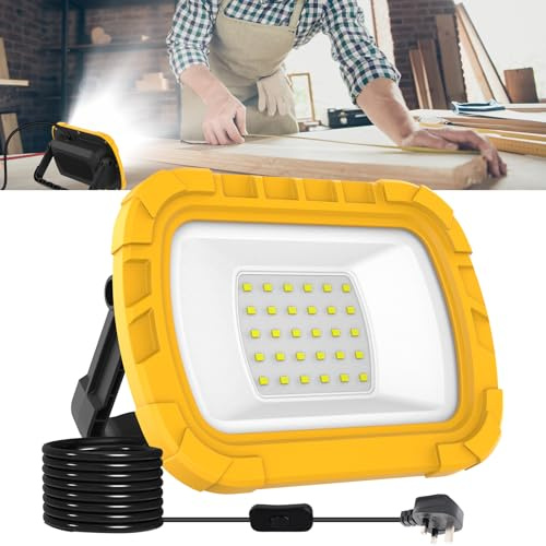 Lampe de travail LED 30 W, lumières de garage portables 1000 lm, projecteur à brancher avec crochet, lumière de chantier 240 V alimentée par secteur, lampe de grenier, lampe d'ouvrier pour réparation