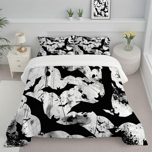 JEDTAKCT Piumino Letto Matrimoniale 4 Stagioni 240X220, Nero Bianco Reversibile Piumone Leggero, Pipistrello Di Halloween Animale D'Inchiostro Coperta Trapunta In Microfibra, Lavabile In Lavatrice