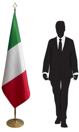 Bandera nacional de Italia con mástil y pie estable – ideal para embajadas, consulados, oficinas oficiales, reuniones diplomáticas y ceremonias institucionales. Código CN7-IT-L