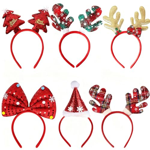 6 Stück Haarreifen Weihnachten Weihnachts Haarschmuck Weihnachtsmütze Weihnachtsbaum Rentier Geweih Weihnachts Haarreif Haarschmuck Kopfschmuck Erwachsene Weihnachtsfeier Accessoires