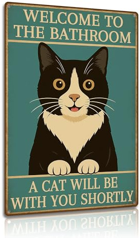 Welcome to The Bathroom Humorous Metal Sign - Cat Lover Aluminum Plaque for Bathroom Decor 8x12 Inches (25101)