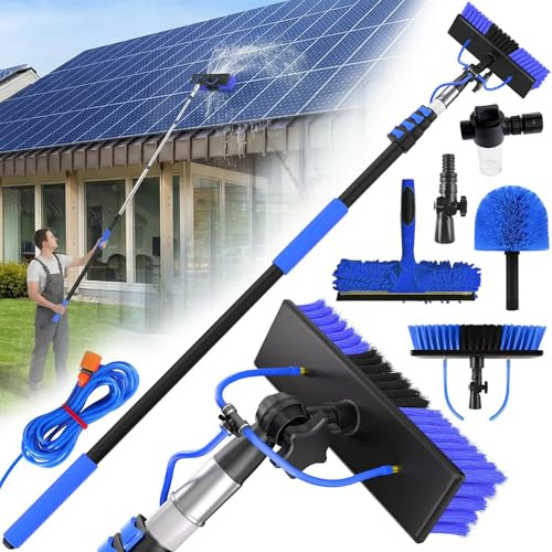 Solar Panel Cleaning Kit, Water Fed Pole Kit with 20Ft Extension Pole - 2 in 1 Window Squeegee & Cobweb Duster, Solar Panel & High Window Cleaning Brush Cleaner Tool