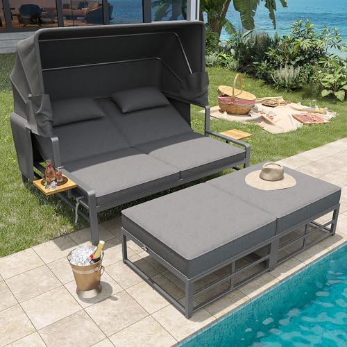 Mrwoo Gartenlounge-Set für 2-4 Personen, Doppel Sonnenliege mit faltbarem Sonnendach, Outdoor Lounge Sofa für Terrasse und Balkon