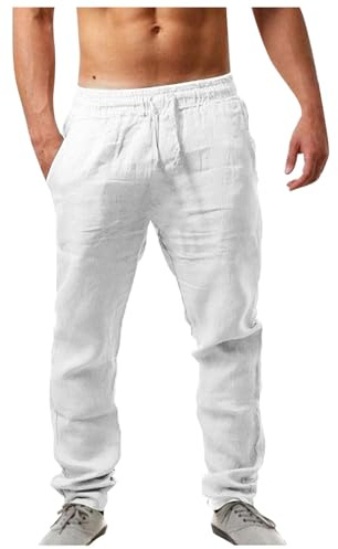 Generisch Pantalones de lino para hombre, verano, algodón, chinos, informales, negocios, bodas, ligeros, transpirables, ajustados, bolsillos, A3