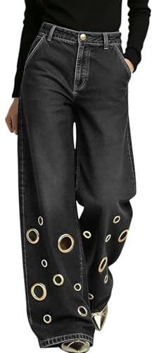 2026 Jeans a Gamba Larga a Vita Alta da Donna, Tinta Unita, con Occhielli in Metallo, Modello Ampio e Comodo, in Denim Elasticizzato, Pantaloni alla Moda B617