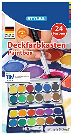 Stylex 28179 - Deckfarbkasten mit 24 Wassermalfarben und Einer Tube Deckweiß, Abnehmbarer Deckel mit 6 integrierten Feldern zum Mischen, ohne Pinsel