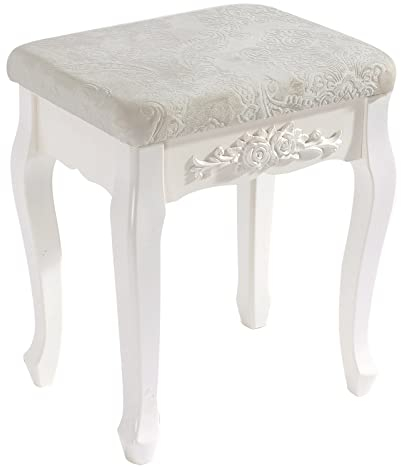 WOLTU Schminkhocker, Sitzhocker, Hocker Landhaus Hocker, Polsterhocker, MDF Holz, Weiß lackiert, für Schminktisch, Barock, Cremeweiß MB6015cm
