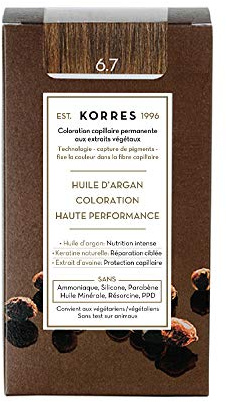 KORRES - Coloration Permanente aux Extraits Végétaux - Couvre 100% des Cheveux Blancs - Sans Ammoniaque, Sans PPD - 6.7 Kakao