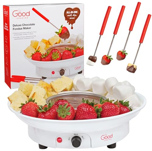 Juego de fondue eléctrica de lujo con 4 tenedores, bandeja extraíble para servir y ajuste de fusión/calentamiento, ideal para sumergir aperitivos, malvaviscos y pan en chocolate, aperitivos y postres,