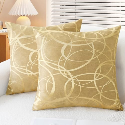 CaliTime Kissenbezüge Kissenhülle Packung mit 2 Schalen für Couch Sofa Heimdekoration modern glänzend und matt Kontrast Kreise Ringe geometrisch 40cm x 40cm Gold