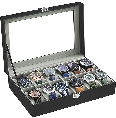 SONGMICS Uhrenbox mit 12 Fächern, Uhrenkasten, Glasdeckel, Uhrenkoffer mit herausnehmbaren Uhrenkissen, Premium-Uhrenschatulle, PU-Bezug in Schwarz, Samtfutter in Grüngrau JWB12BK