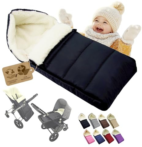 BAMBINIWELT Fußsack aus Lammwolle 108 cm – Winterfußsack für Kinderwagen, Buggy – universell passend, warm, waschbar & wasserabweisend – liniert (schwarz)