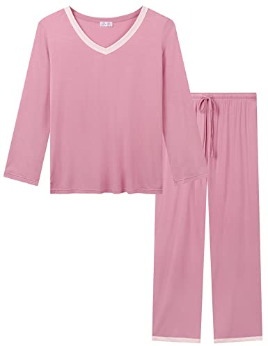 Amorbella Womens Long Sleeve Pyjamas Set with Pants Lightweight Winter Pajama Soft Pjs(Dusty Blue, Large)