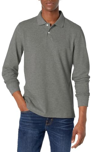 Amazon Essentials Men's Slim-Fit Long-Sleeve Pique Polo, Medium Grey Heather, L