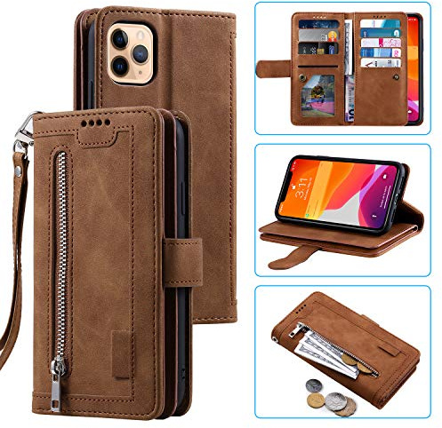 UEEBAI Coque pour iPhone 12 Pro Max 6.7 inch, Etui en Cuir PU Portefeuille Rétro Antichoc Flip Case Anti-Choc Housse avec Fentes de Cartes Fonction Support, Fermeture Magnétique - Brun