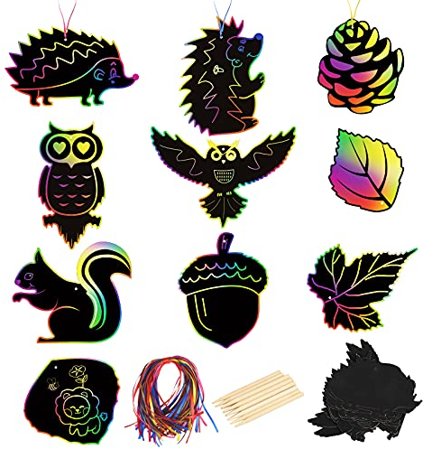 MONCAP 40stk Kratzbilder Kinder Set Igel Kratzpapier Regenbogen Tier Scratch Craft Art Eule kreative Bastelarbeiten Ahornblatt Kratz zum Zeichnen für Geburtstag Dekorieren Party Mitgebsel
