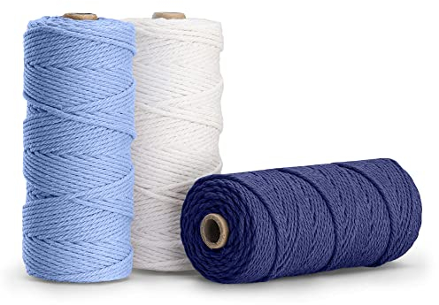Navaris Makramee Garn 3er Set - Baumwollschnur für DIY Projekte Wandteppich Traumfänger - Baumwolle Baumwollkordel - weiß dunkelblau hellblau