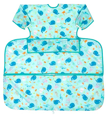 Bumkins Baby Bib and High Chair Cover Combination, for 6-24 Mos, Girl or Boy Toddler, Long Sleeved for Babies, Baby Led Weaning Essentuals for Eating, Feeding Babies, Mess Saving, Ocean Life Blue