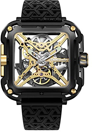 CIGA Design Automatik Uhr Herren - X Serie SUV Armbanduhr Quadratisch Mechanische Skelettuhr Saphirglas mit Nylon- und Silikonarmband (Titan-Gold)