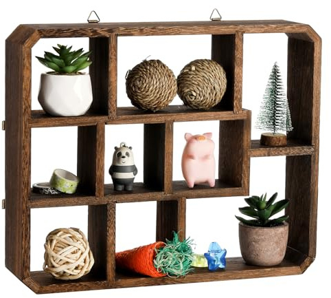 Frcctre Rustic Shadow Box Display Shelf, 9 Compartments Wood Hanging Display Floating Shelves, Multi-Slot Wall Mounted or Freestanding Farmhouse Decor Displays Case